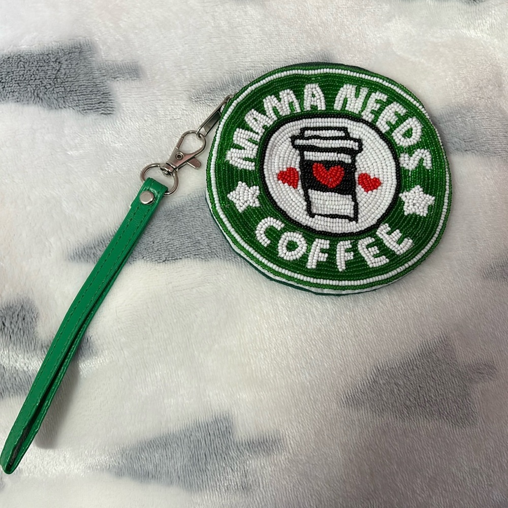 NWOT Beaded Wristlet: Mama Needs Coffee